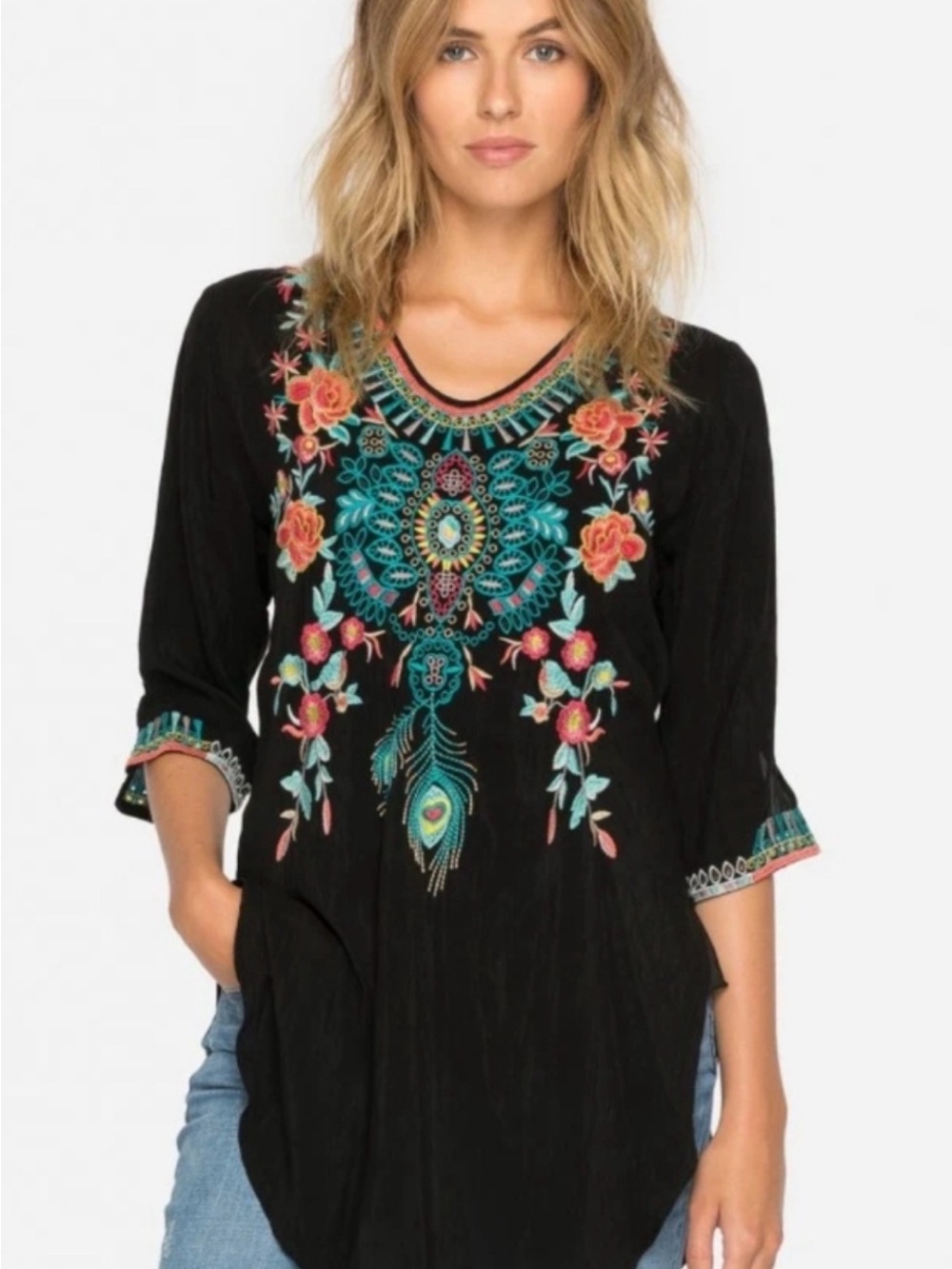 Johnny Was Zivelly Tunic with Teal and Coral Floral Embroidery